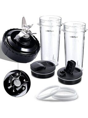 Blender Replacement Parts Set: 5 Fins Extractor Blade, 2 Cups & Gaskets for